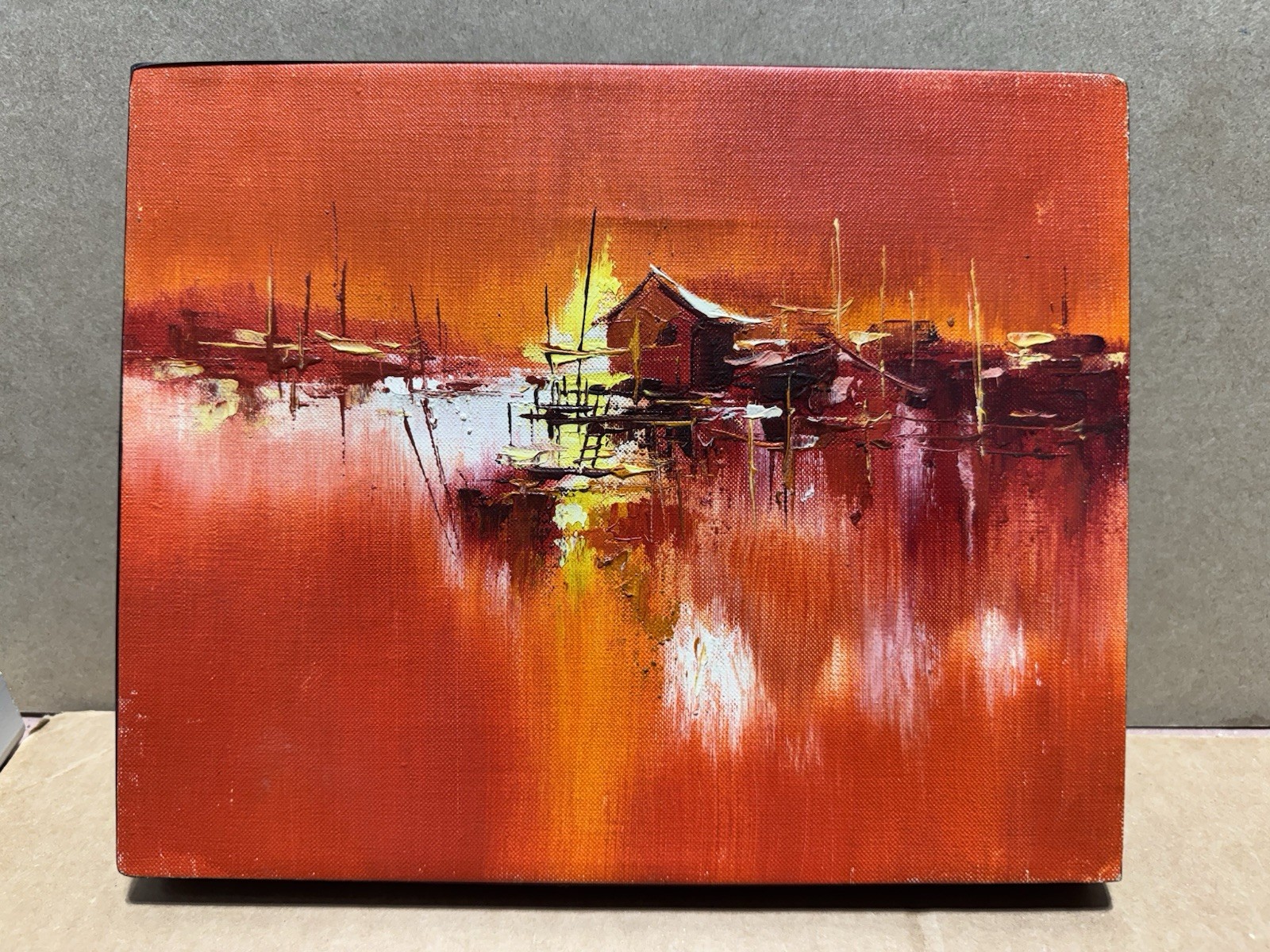 Abstract Harbor Seascape Painting Oil On Canvas Artwork – 8”x10” Unsigned
