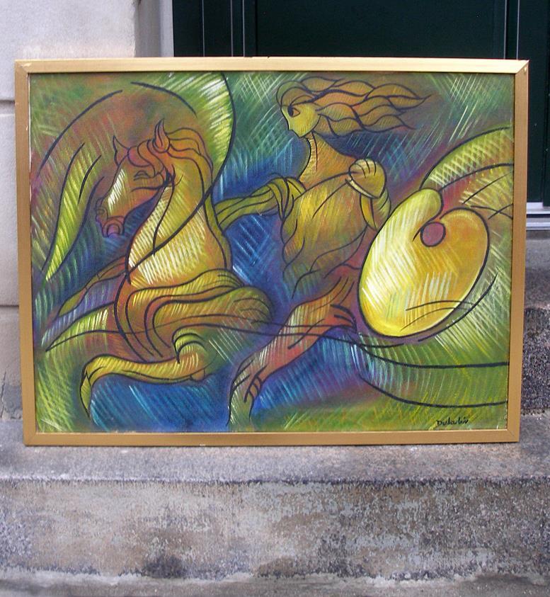 Juan Dubalon (Afro-Cuban 1900) Goddess on winged horse. Fine mid century oil