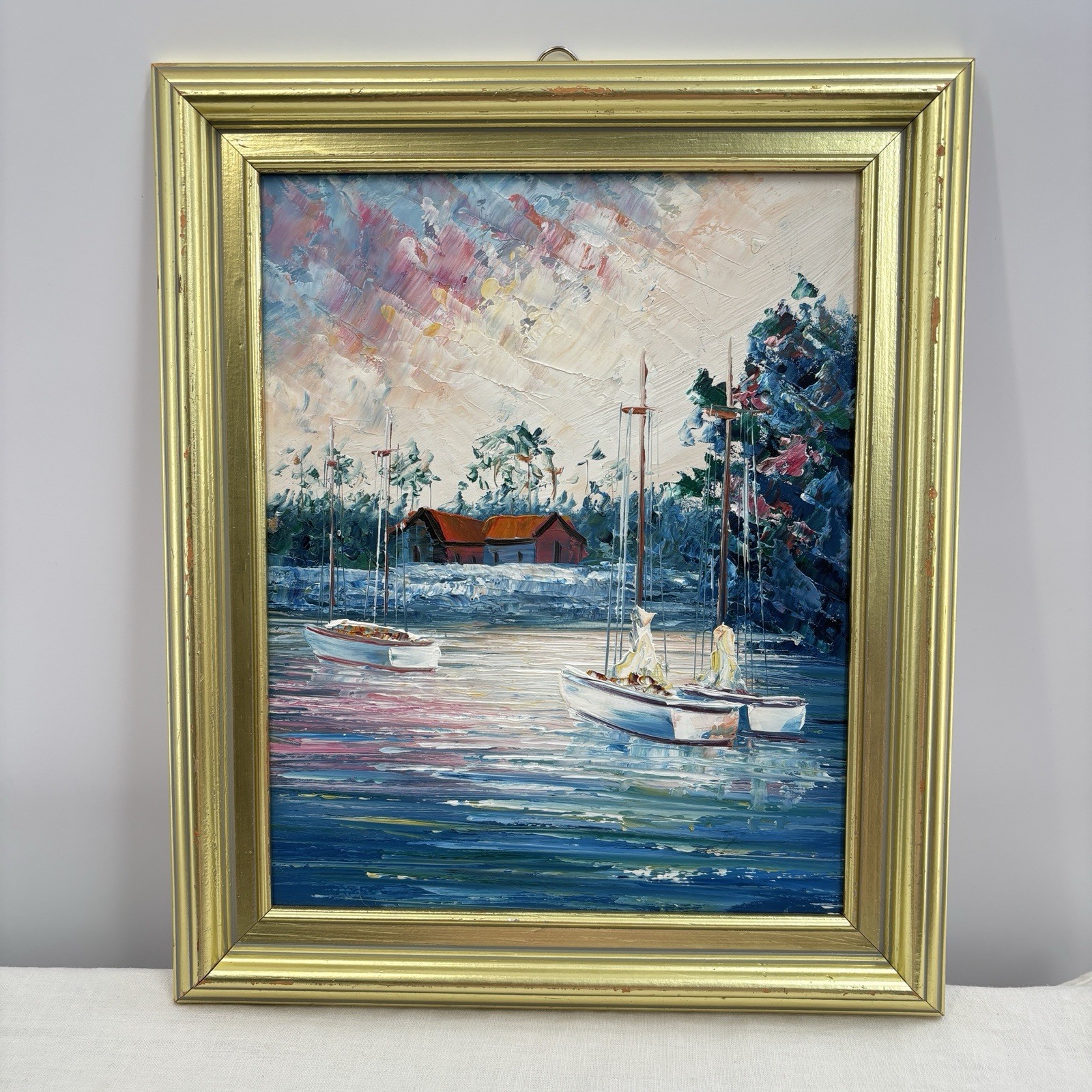 Vintage Sailboat Harbor Seascape Oil Painting Palette Knife Impasto Framed Art