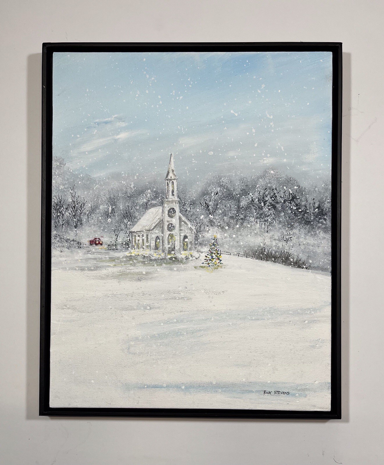 Country Winter Snow Scene with Church Original Painting & Handmade Frame. 11×14