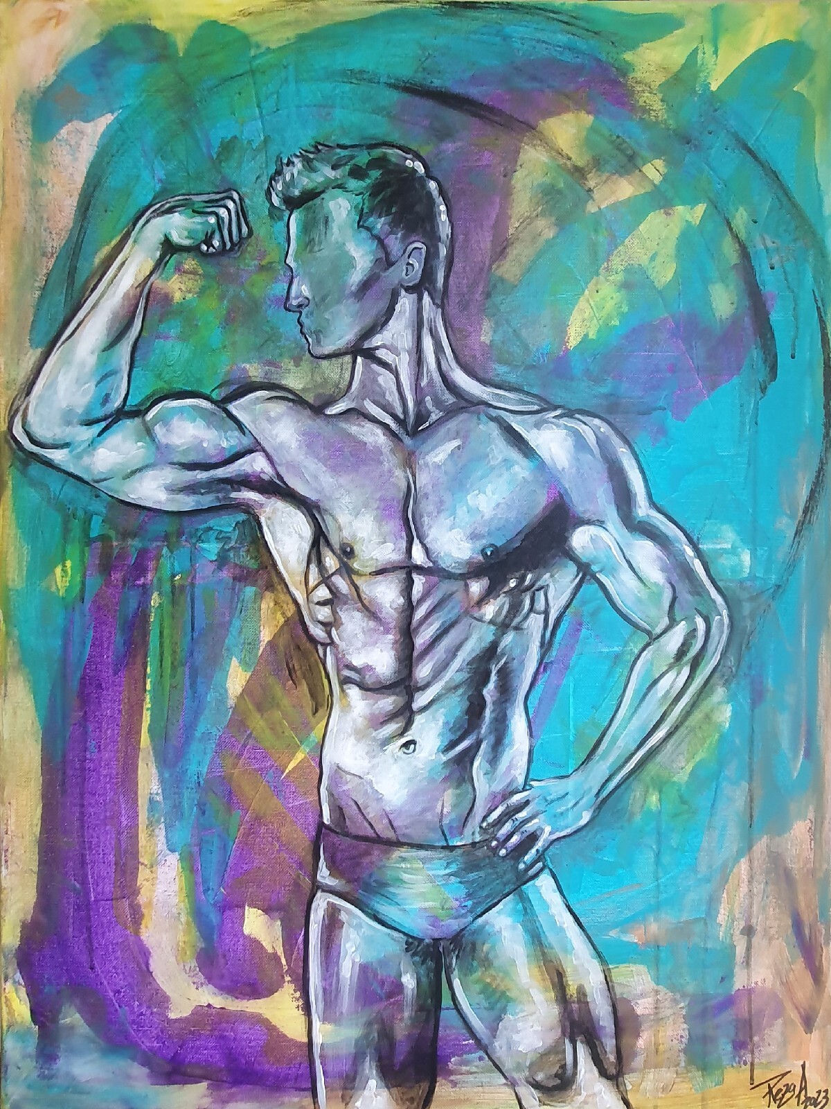 Male torso, bodybuilding on canvas, painted male torso, art