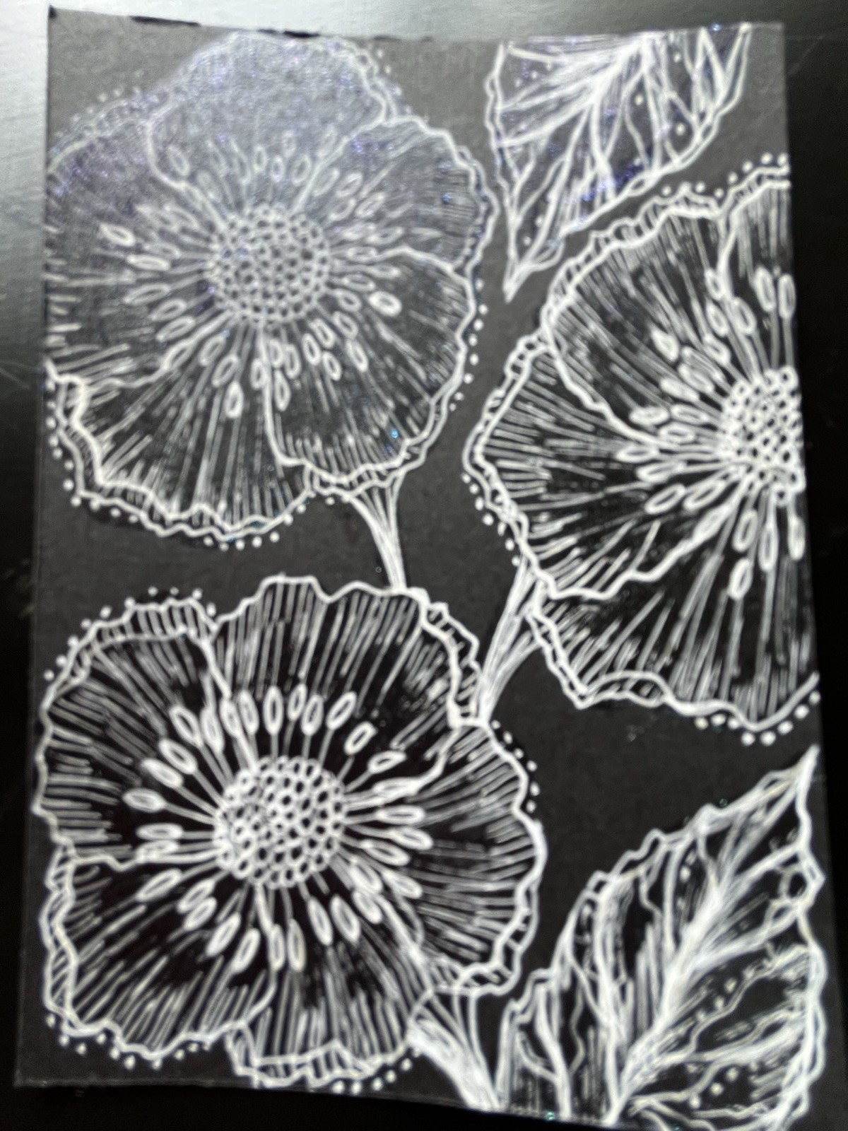 Original ACEO Art Card Painting Flowers White Ink