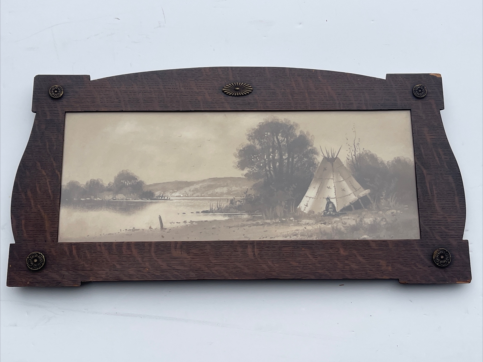 ANTIQUE NATIVE AMERICAN PAINTING INDIAN TIPI LANDSCAPE ARTS AND CRAFTS FRAME