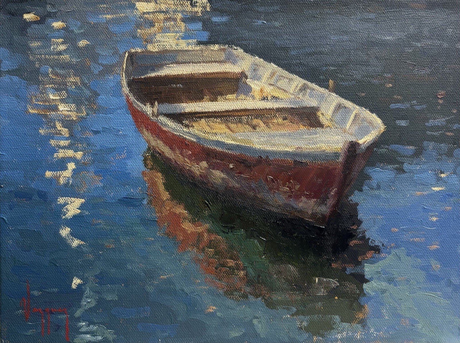 seascape art oil painting red boat study original sold by artist 9×12″