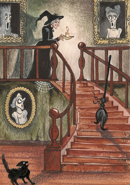 ACEO PRINT OF PAINTING RYTA HALLOWEEN WITCH BLACK CAT PORTRAIT HAUNTED HOUSE ART