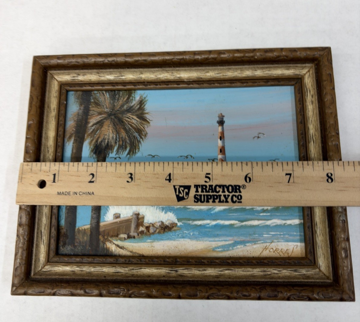 Vintage 1983 Morris Island SC Lighthouse Painting Signed Horres Framed 8.5″