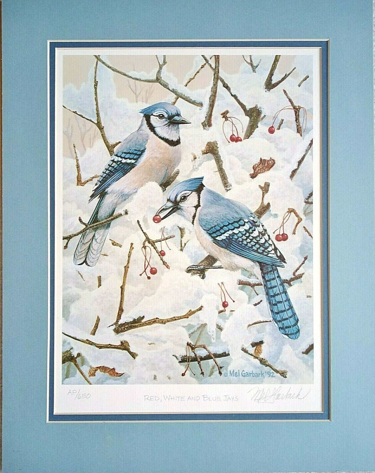 VINTAGE CARDINAL & BLUE BIRD PAINTINGS SET OF 2 MEL GARBARK