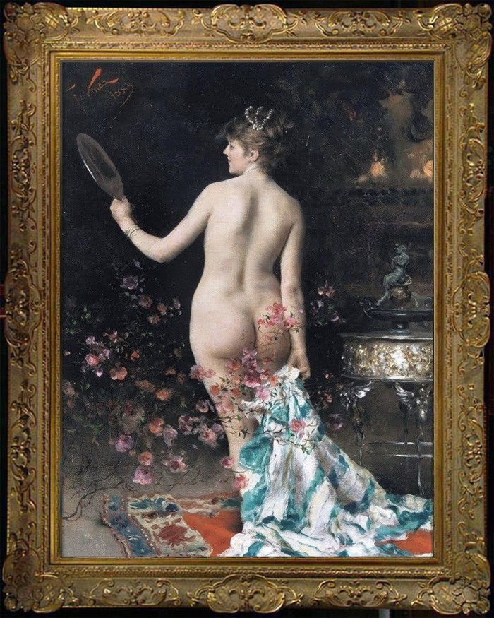 Hand Painted Antique Style Female Nude Oil Painting with Mirror Female Woman Art