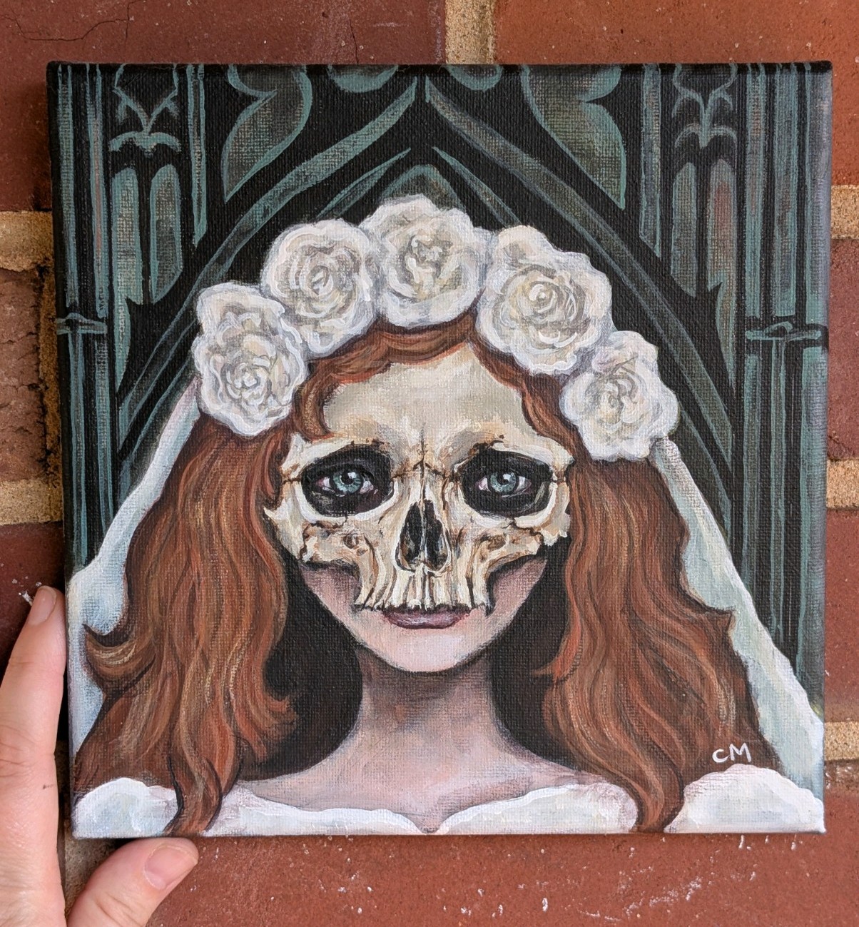 Til Death Do Us Part Skull Bride Original Acrylic Painting 8x8in Canvas Wall Art