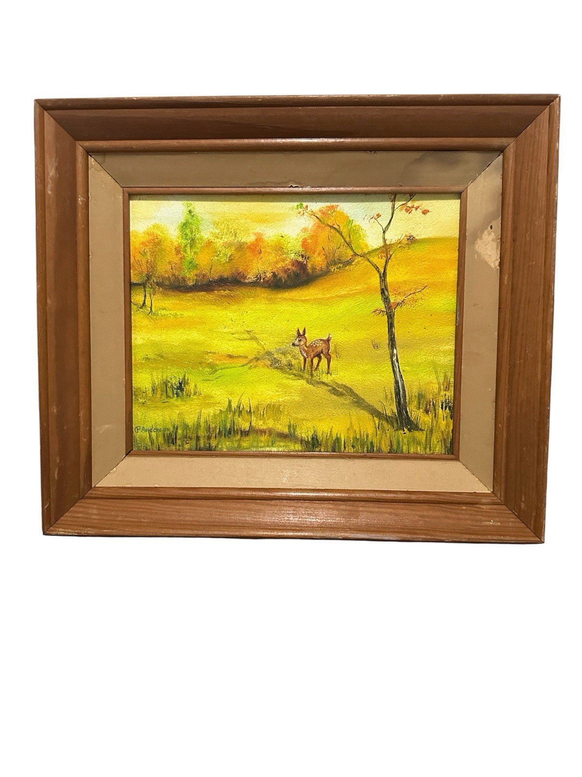 Vintage American folk art painting depicting a fawn in a serene, On Board Singed