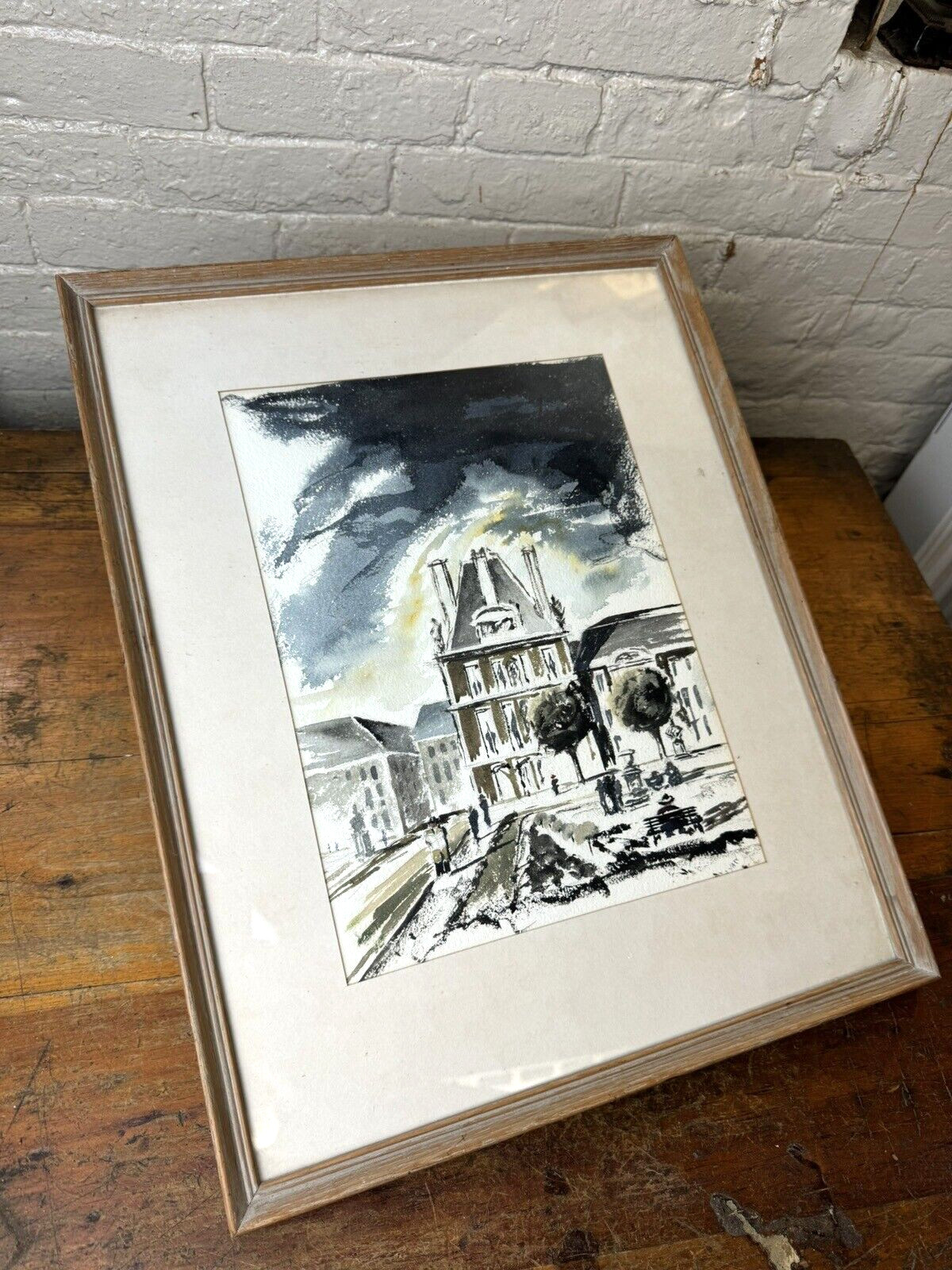 Vintage Cityscape Watercolor Print Framed & Matted, Signed RYAN 19 3/8 x 15 1/2