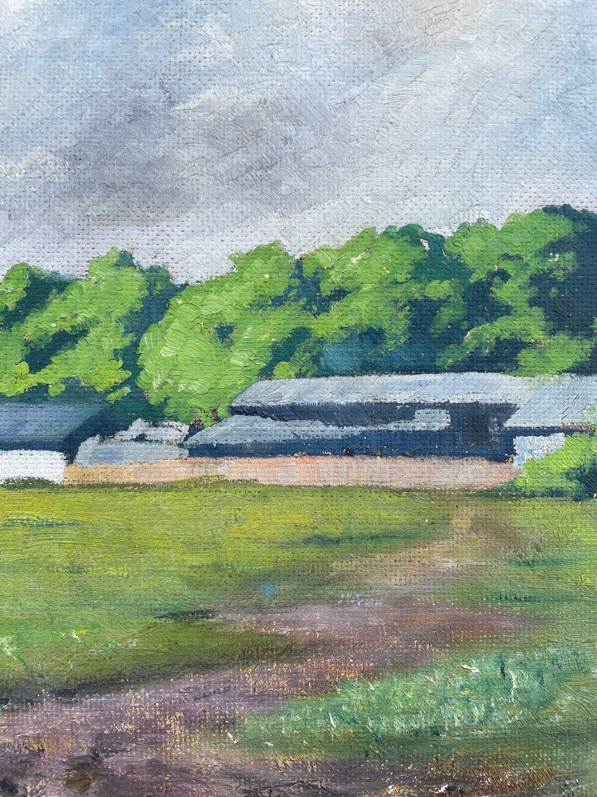 Impressionist Anonymous Summer Landscape Small Town Meadow Field Path Cloudy Sky