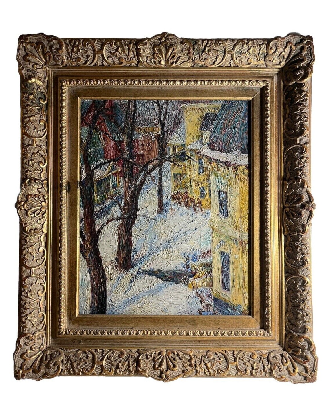 ORIGINAL TEXTURED AMERICAN TOWN ANTIQUE WINTER SNOW VINTAGE LANDSCAPE PAINTING