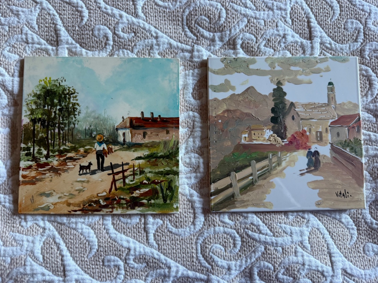 Set of 2 Original ANTONIO DeVITY Hand Oil Painted Tiles Italian Mid Century
