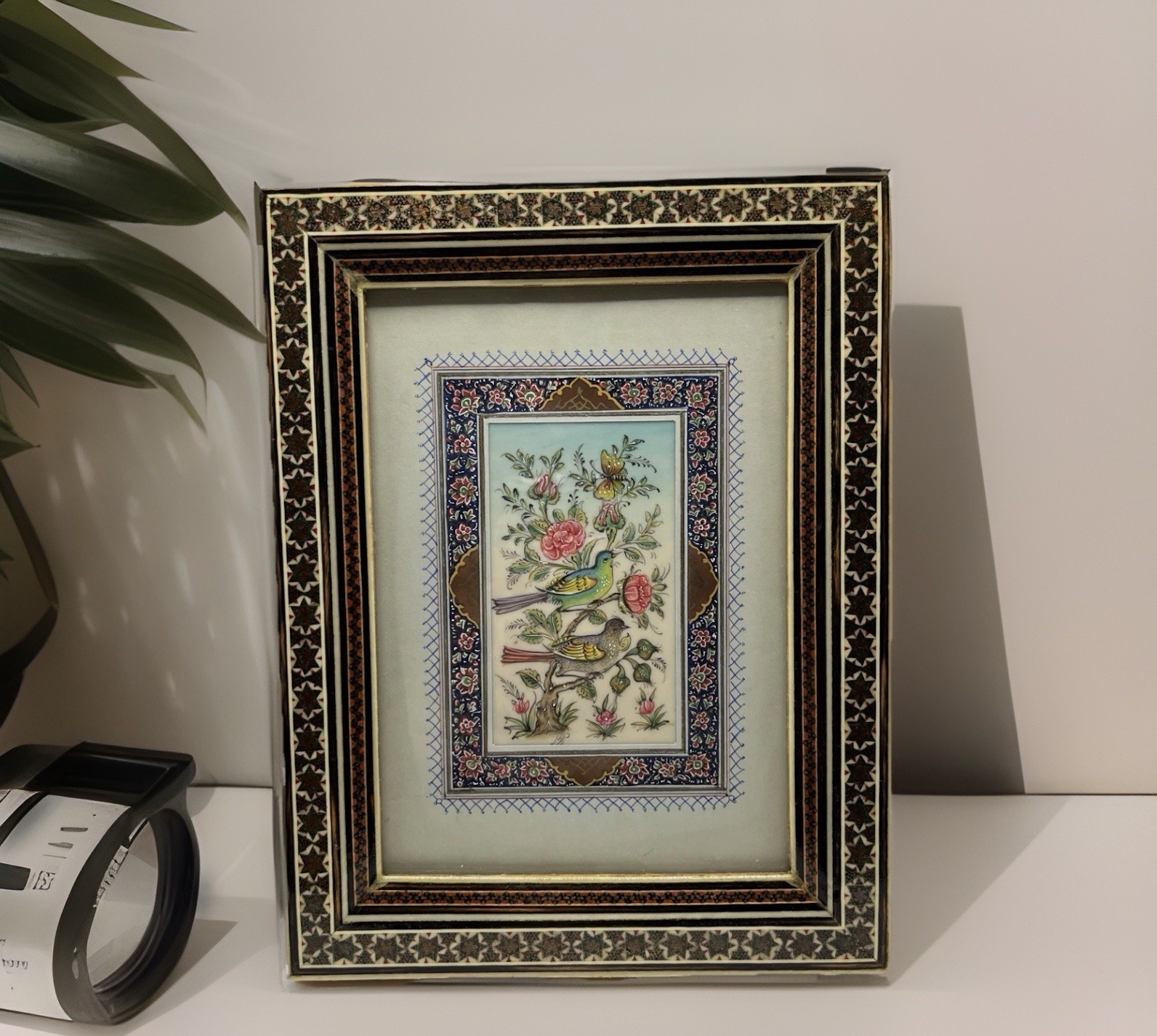 Signed Persian Miniature Art 7×9 Camel Bone Inlaid Vintage Khatam Mosaic Frame