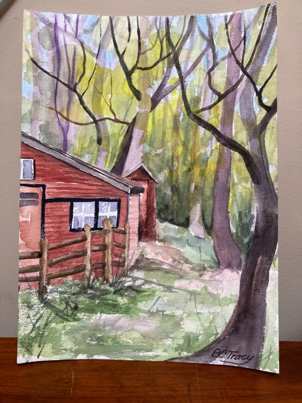 Signed Barbara Tracy Watercolor Cabin in the Woods, Bucks County PA artist