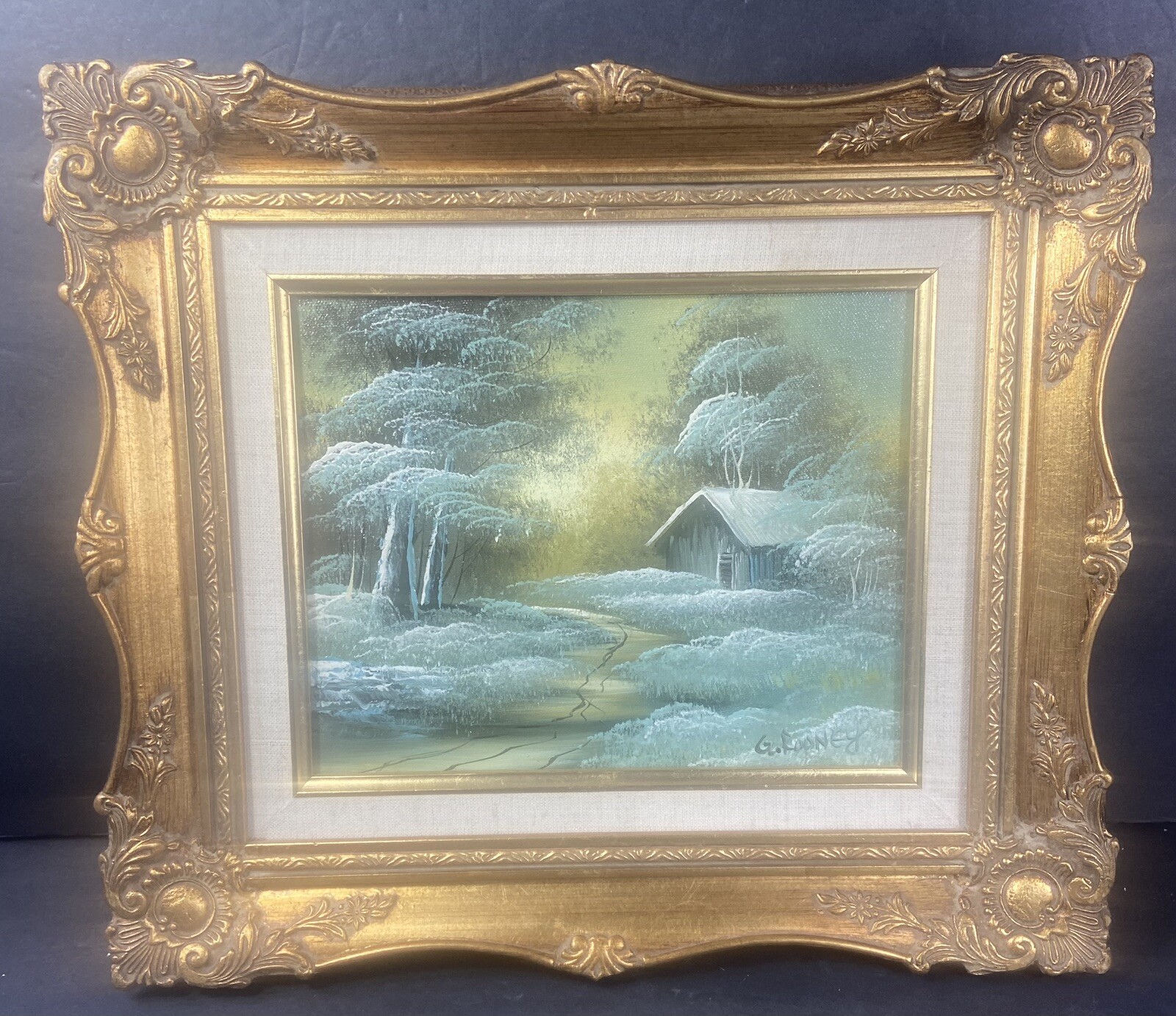 Vintage Snowy Landscape Painting Cabin In The Woods Trees Framed Signed