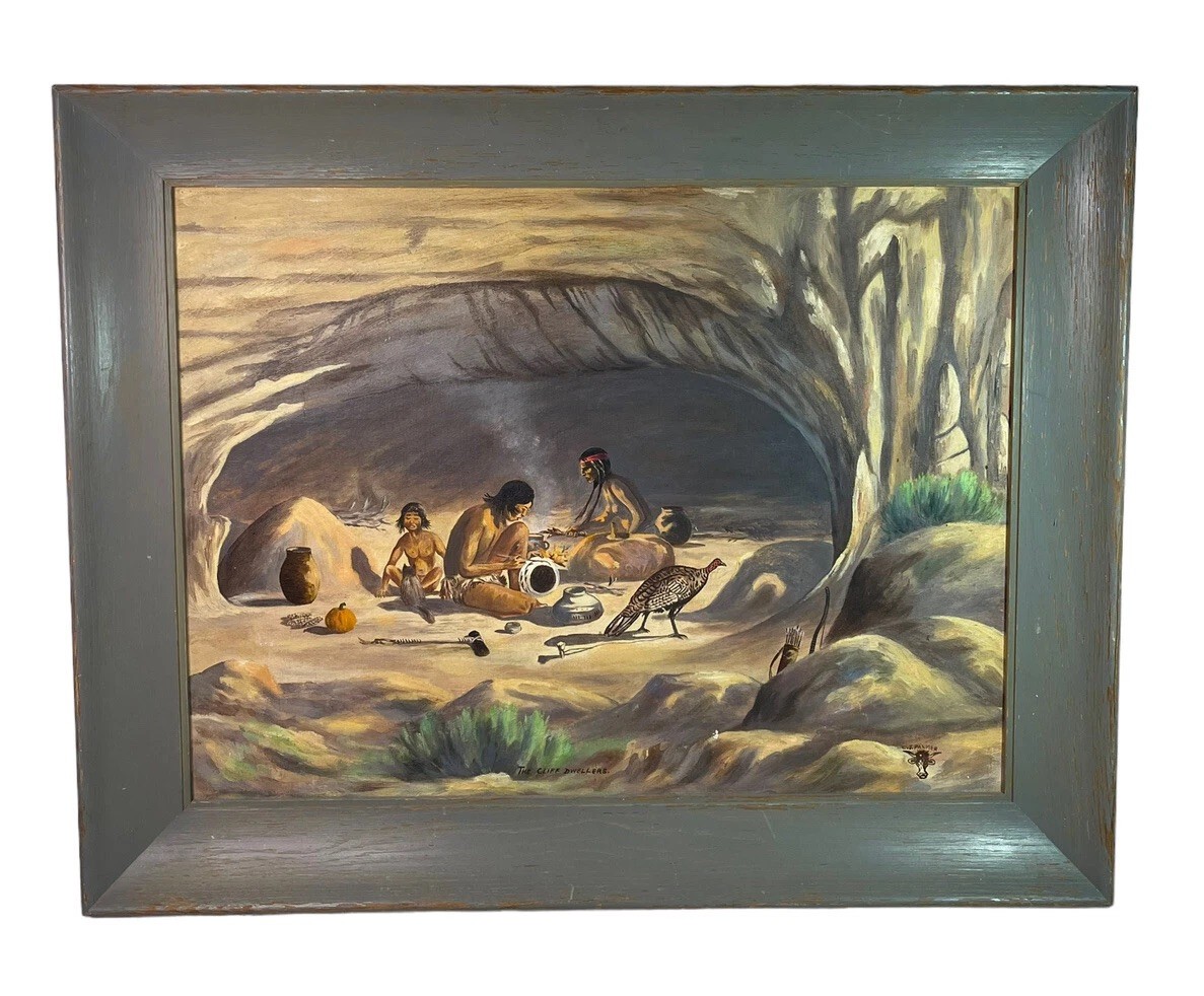 Vintage 1940’s Native American In Cave Original Oil Painting Signed C.J Palmer