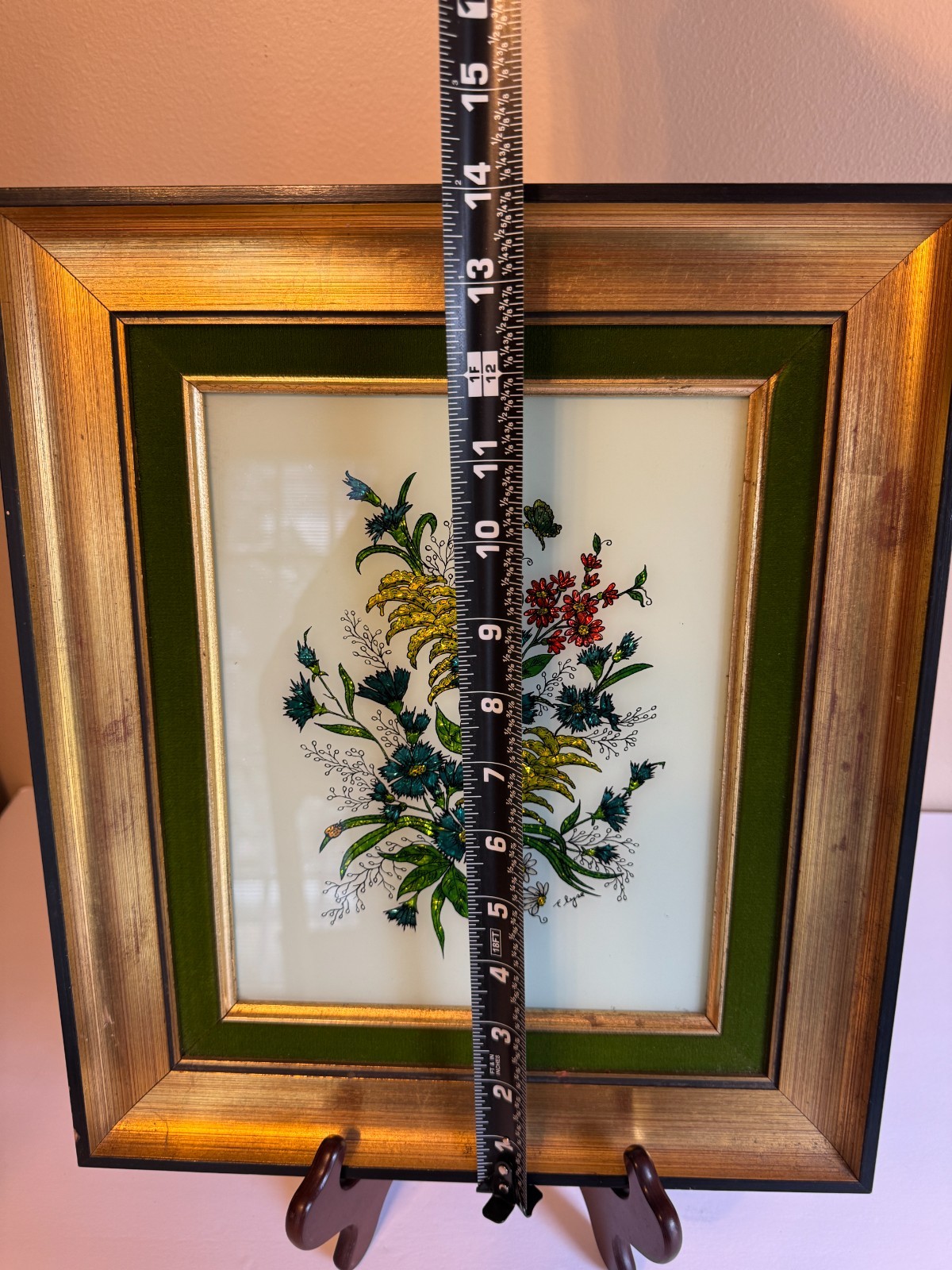 Vintage Reverse Glass Artwork, Floral, 12X14″ Framed