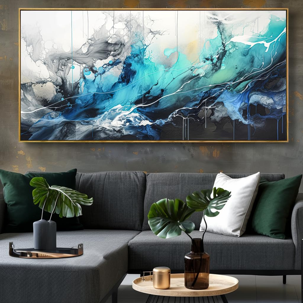 Teal Blue Abstract Canvas Wall Art Framed 30″x60″ for Home Decor