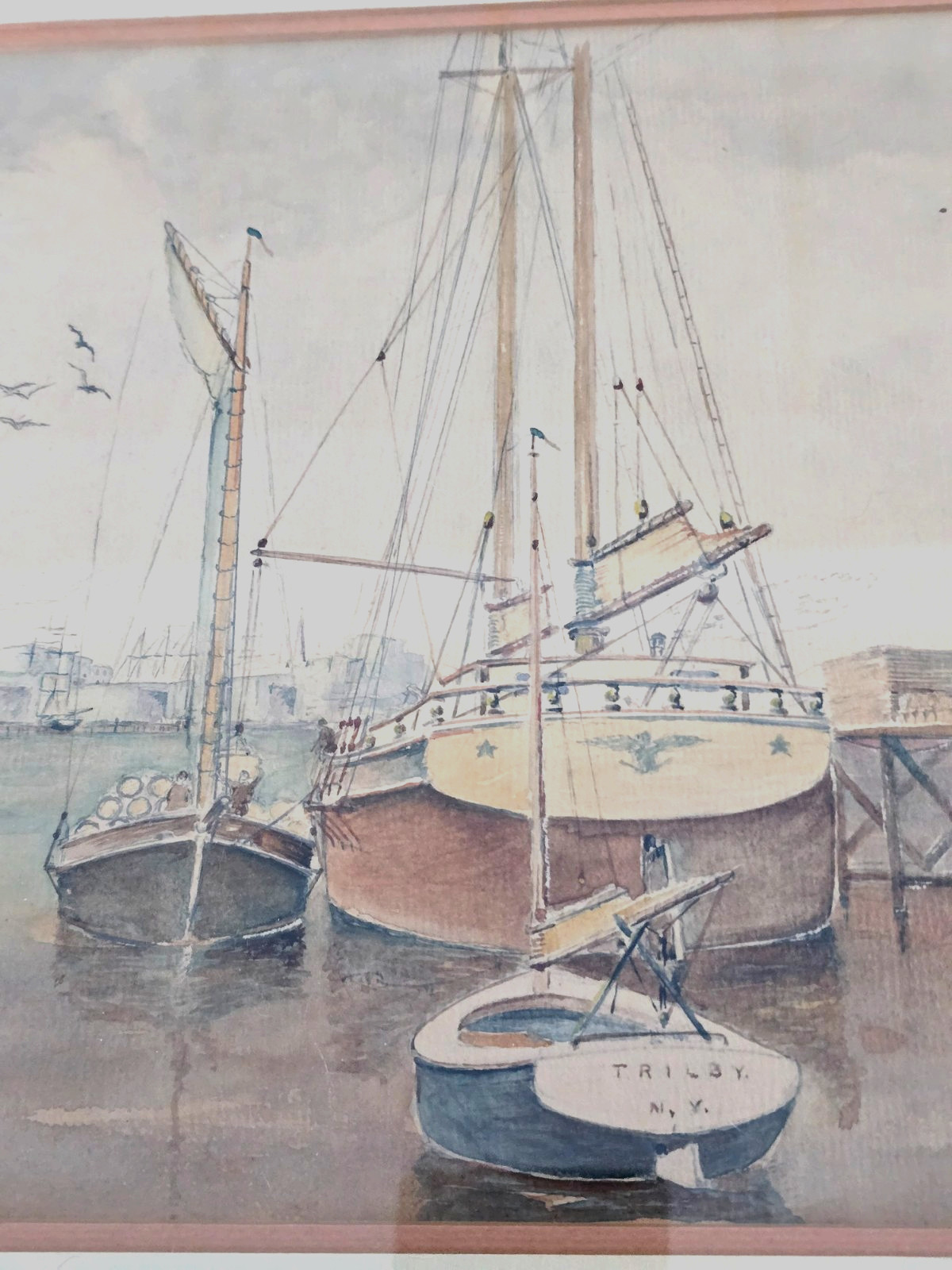 VTG Framed Watercolor, Harbor, Sailboats, Signed George Seabury