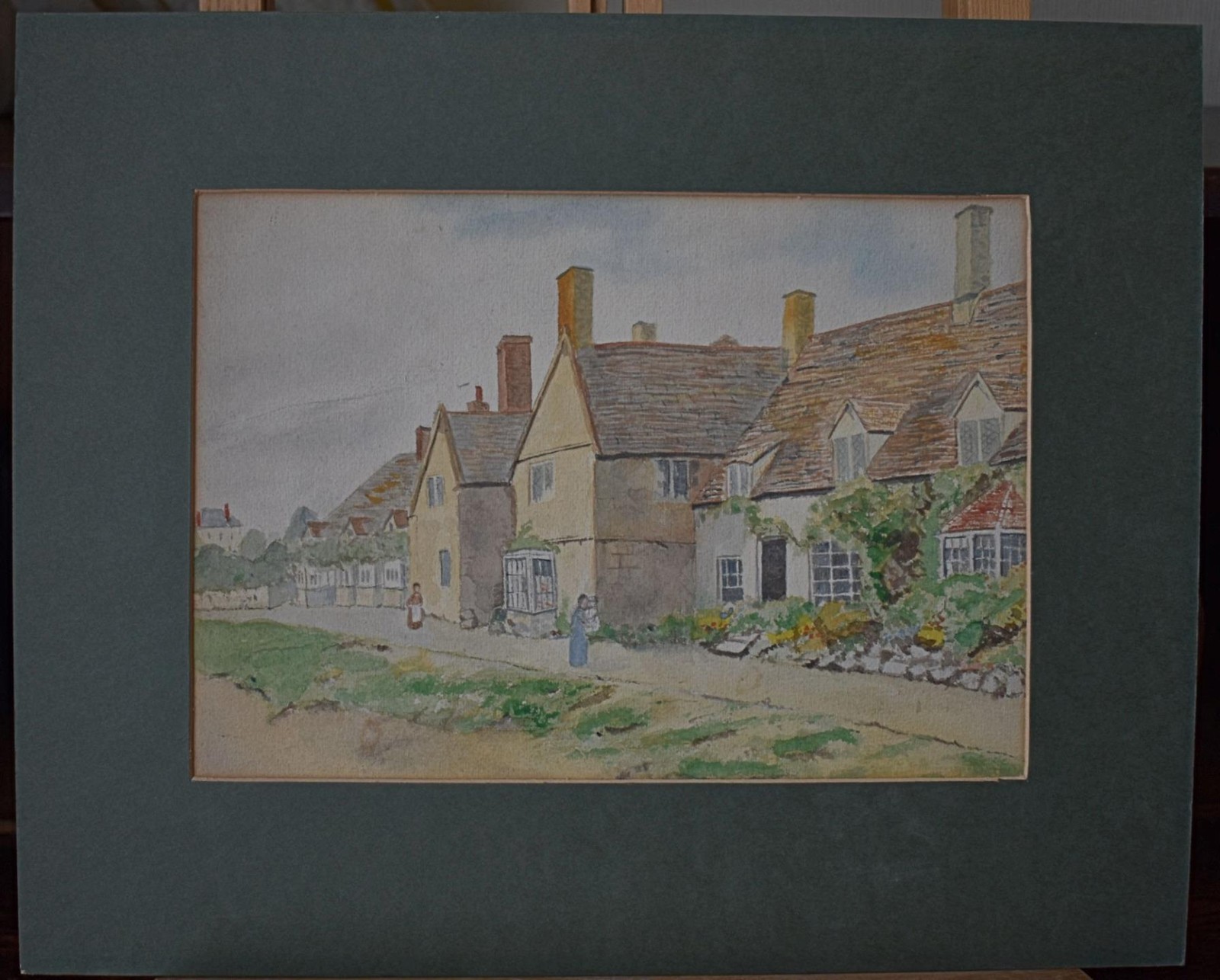 FIGURES BEFORE RURAL COTTAGES ANTIQUE WATERCOLOUR ENGLISH SCHOOL UNSIGNED c1900