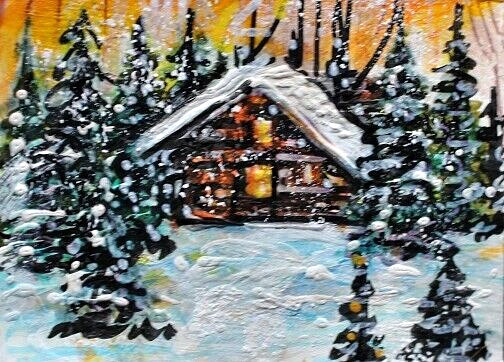 ACEO Original Winter CABIN Pine Tree PAINTING Snow Holiday Sunset Landscape ART