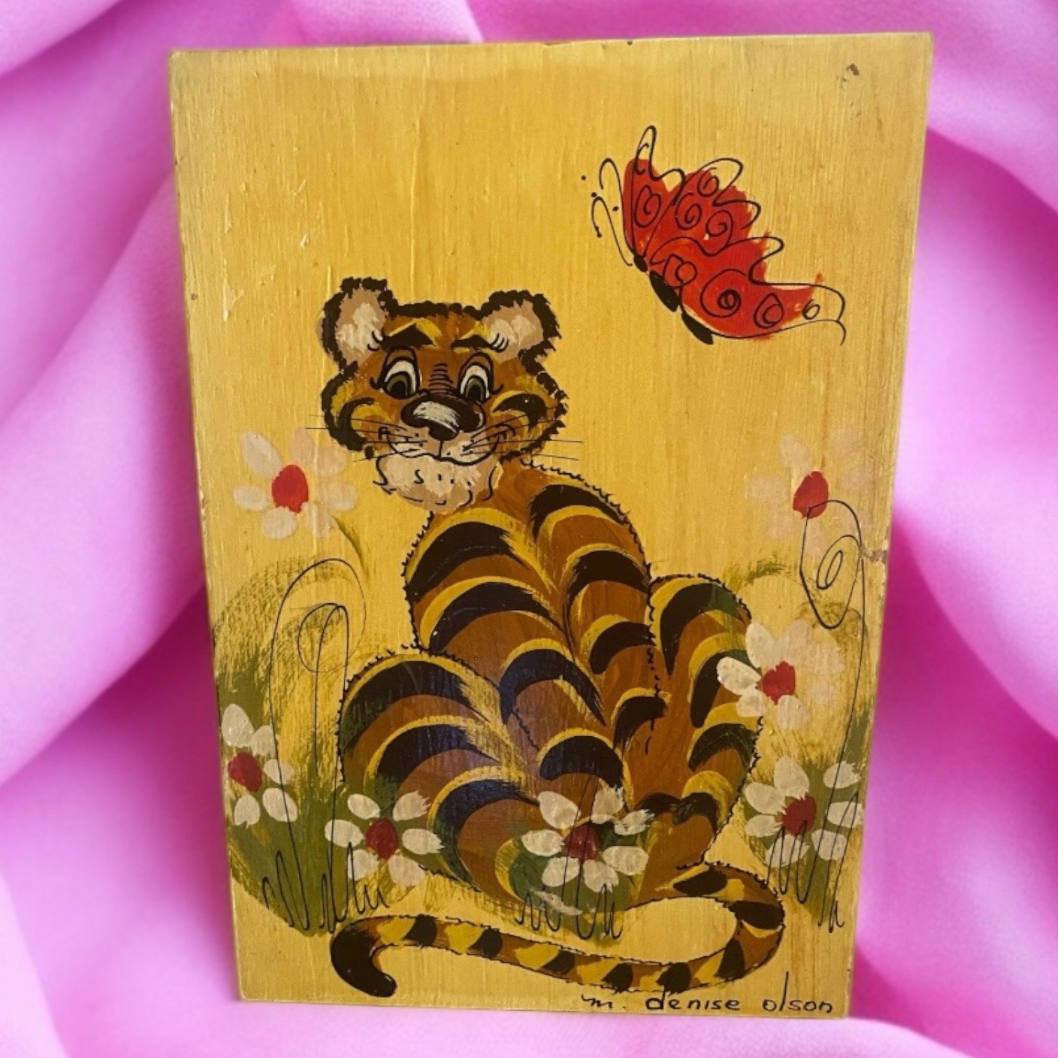 Vtg Painting Tiger Daisies Wood Plaque M. Denise Olson 70s Art Kitsch Home Decor