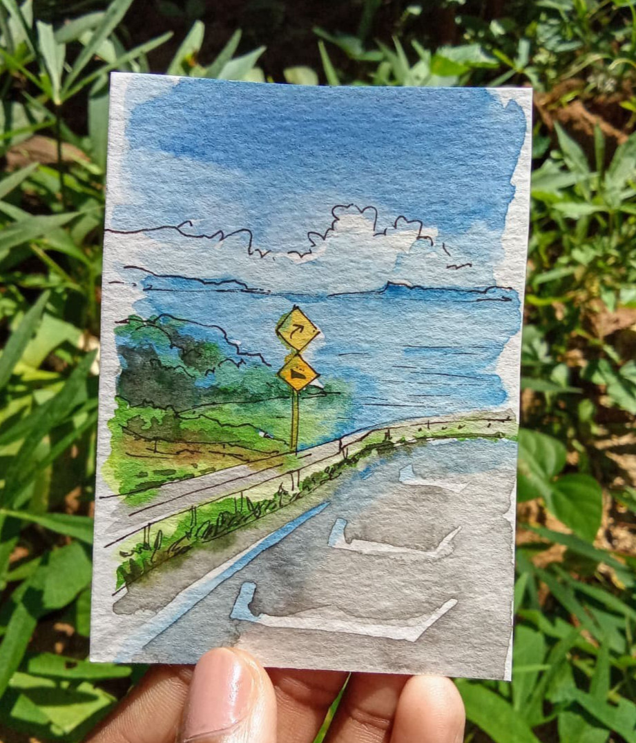 ACEO Original Watercolor Painting Coastal Road Ocean Seascape OOAK Miniature Art