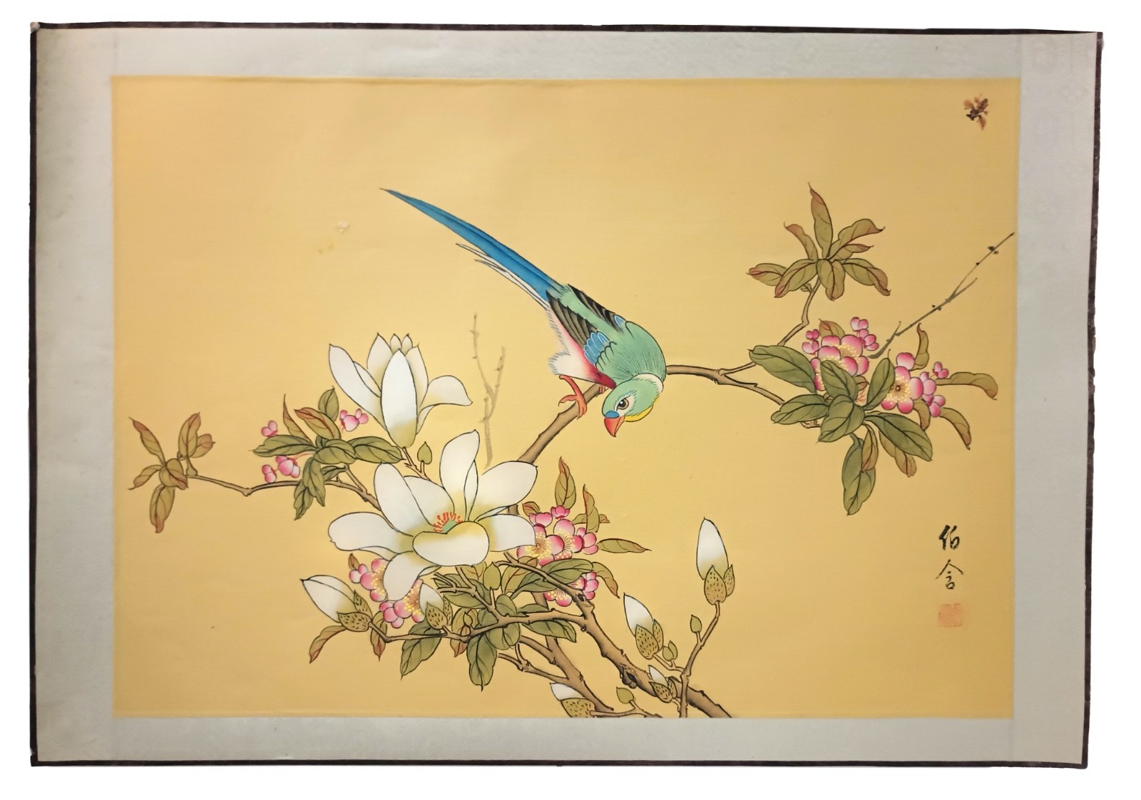 Vintage Asian Silk Painting Bird Blossom Chinese Art Signed 14×20 Signed