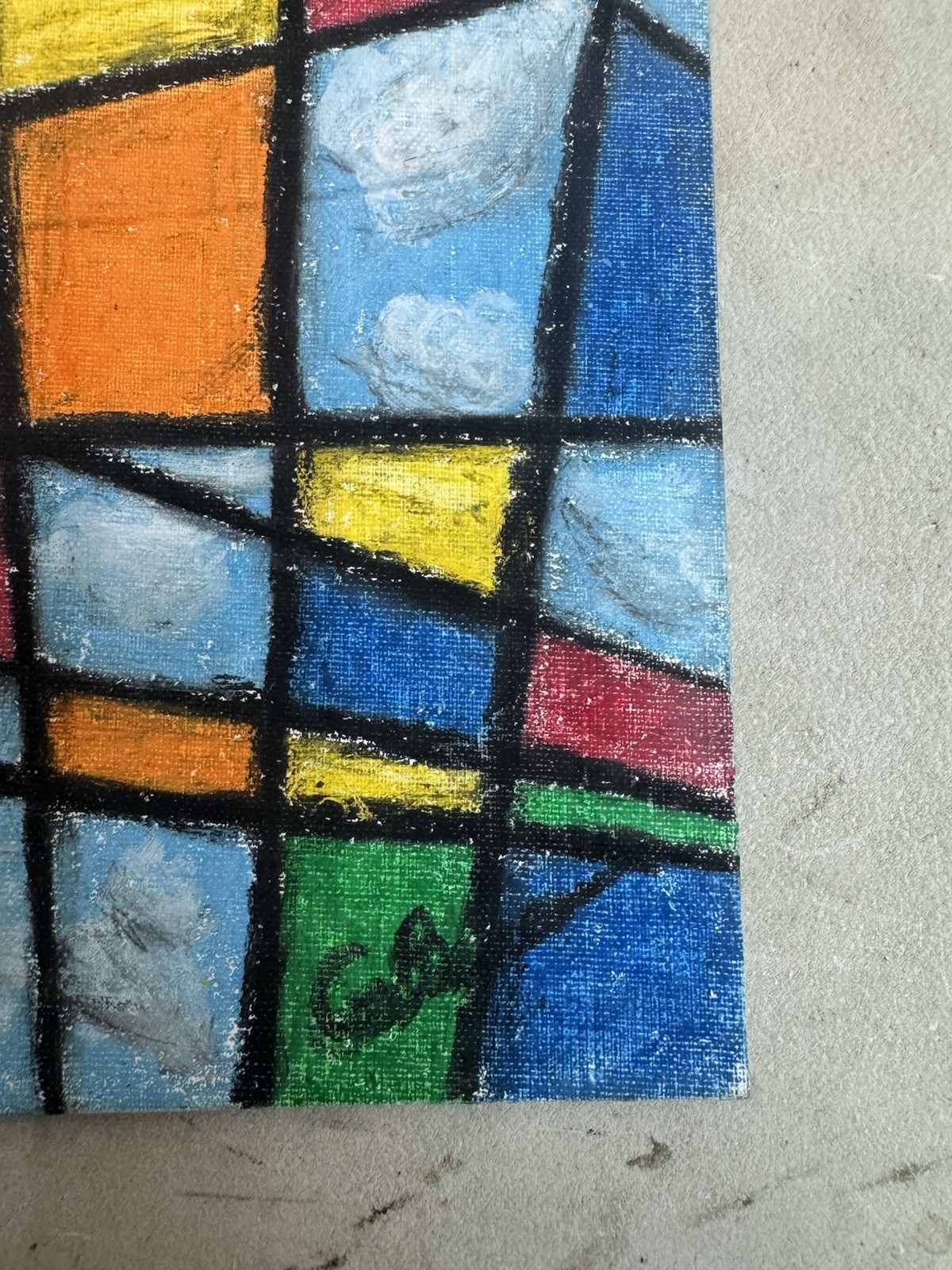 Vintage MCM Abstract Geometric Oil Painting Stained Glass Style Colorful Signed