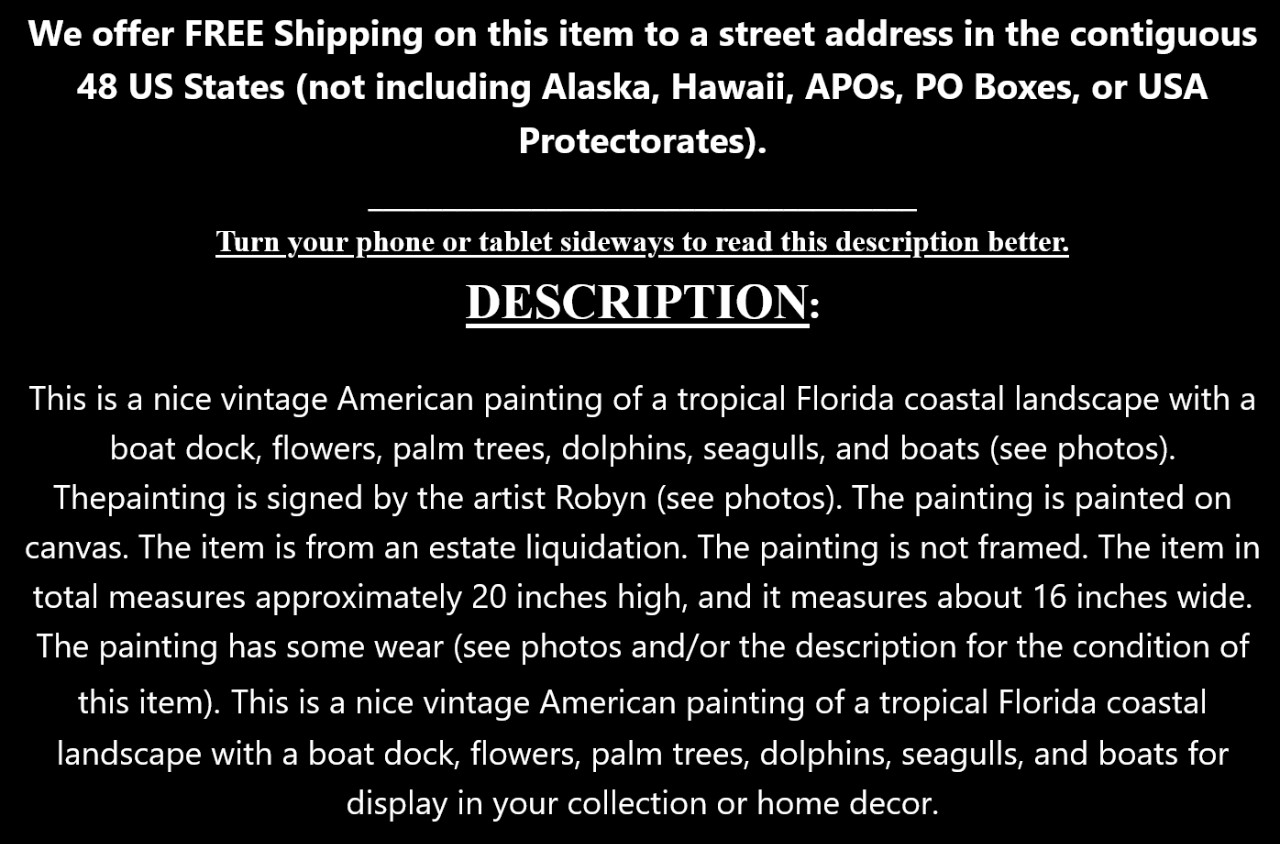 Vintage Nautical Beach Coastal Landscape Painting Seagulls Boat Dock Palm Trees