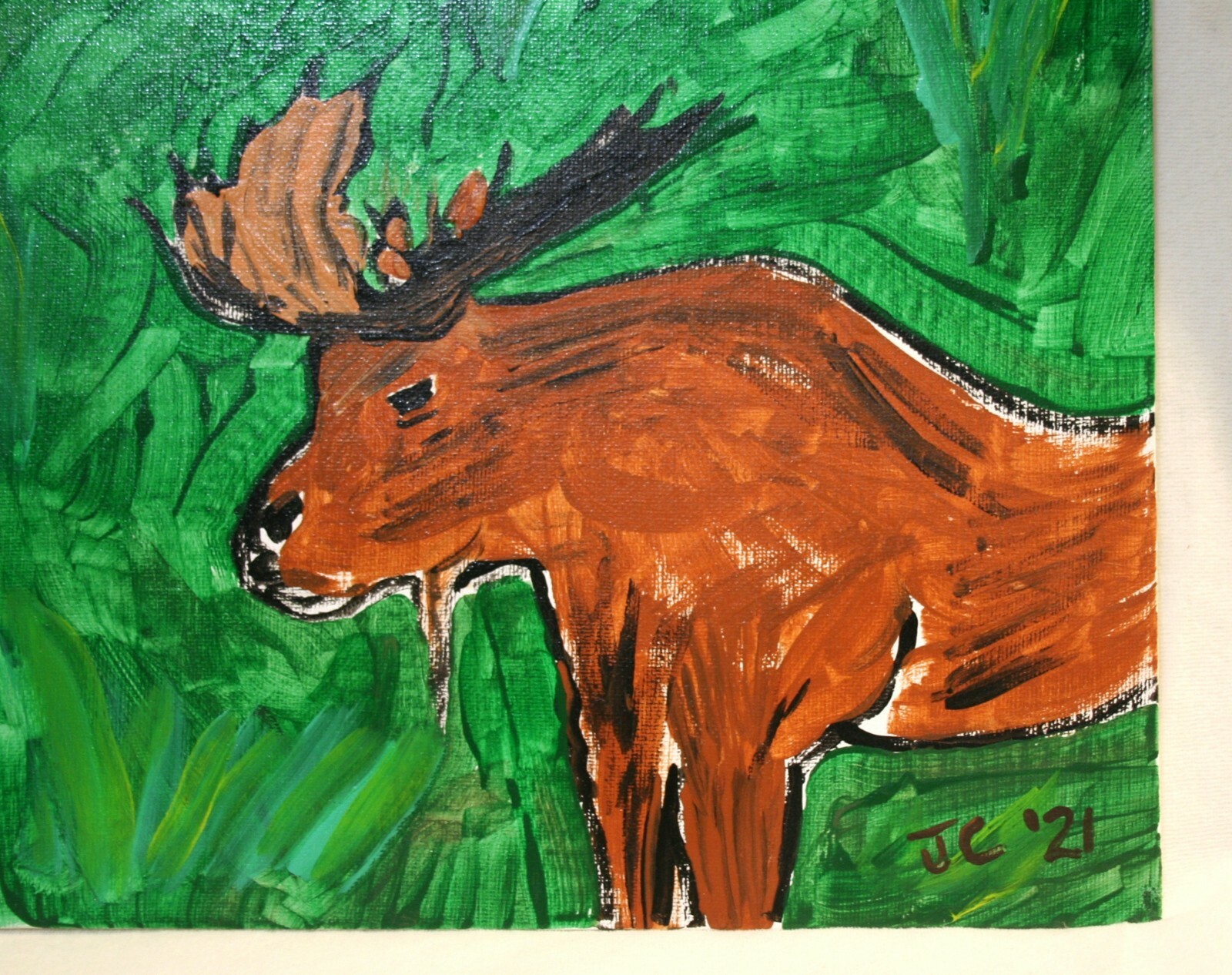 MOOSE IN FOREST WILDLIFE Jr CHARLIE FAST PAINTING NATURE OUTSIDER FOLK POP ART