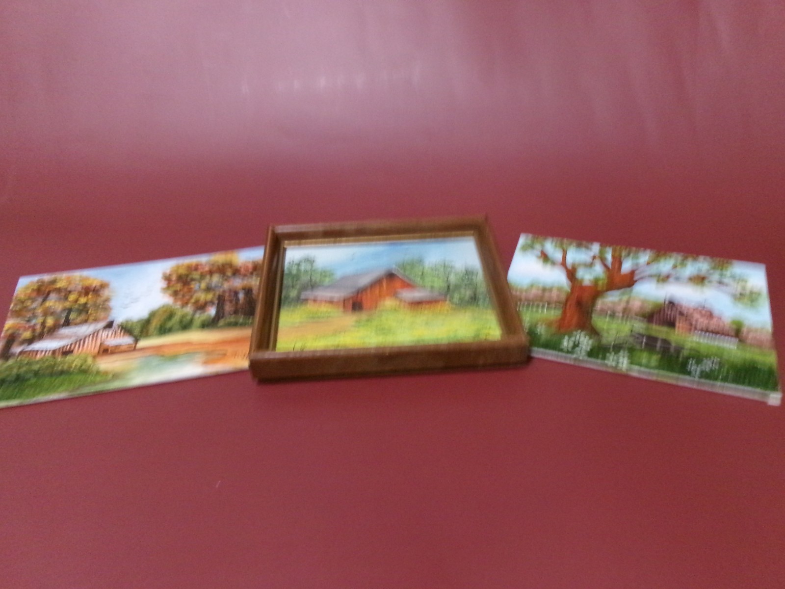 Lot of Three Small Barn-Themed Oil Paintings on Canvas Board about 5″ x 7″ Each