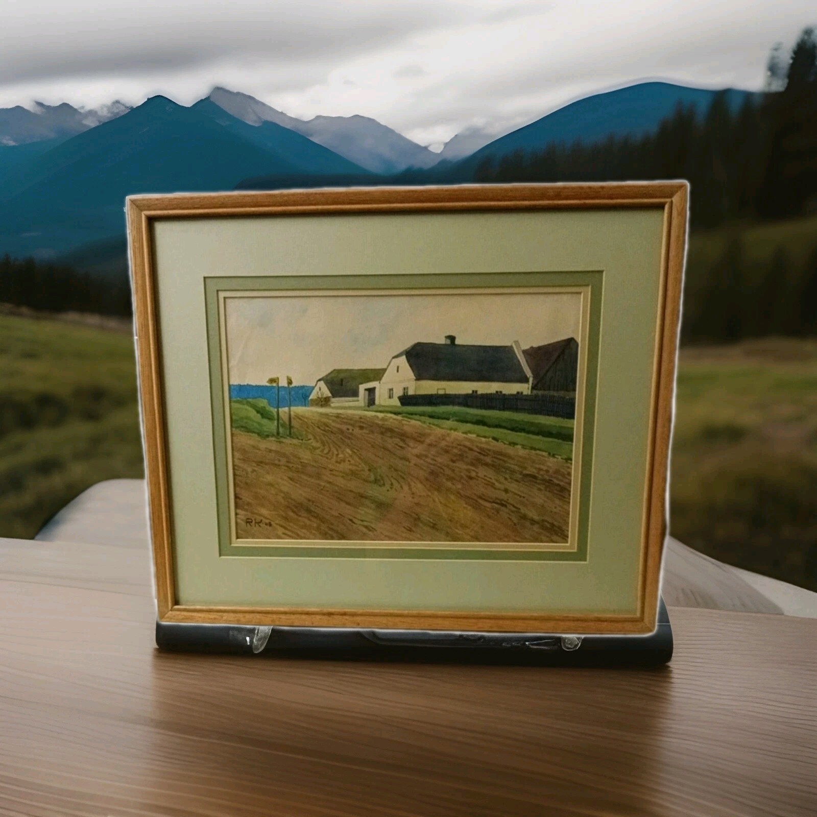 Vintage 1945 Watercolor Painting Signed RK Glass Wood Frame 17 X 21