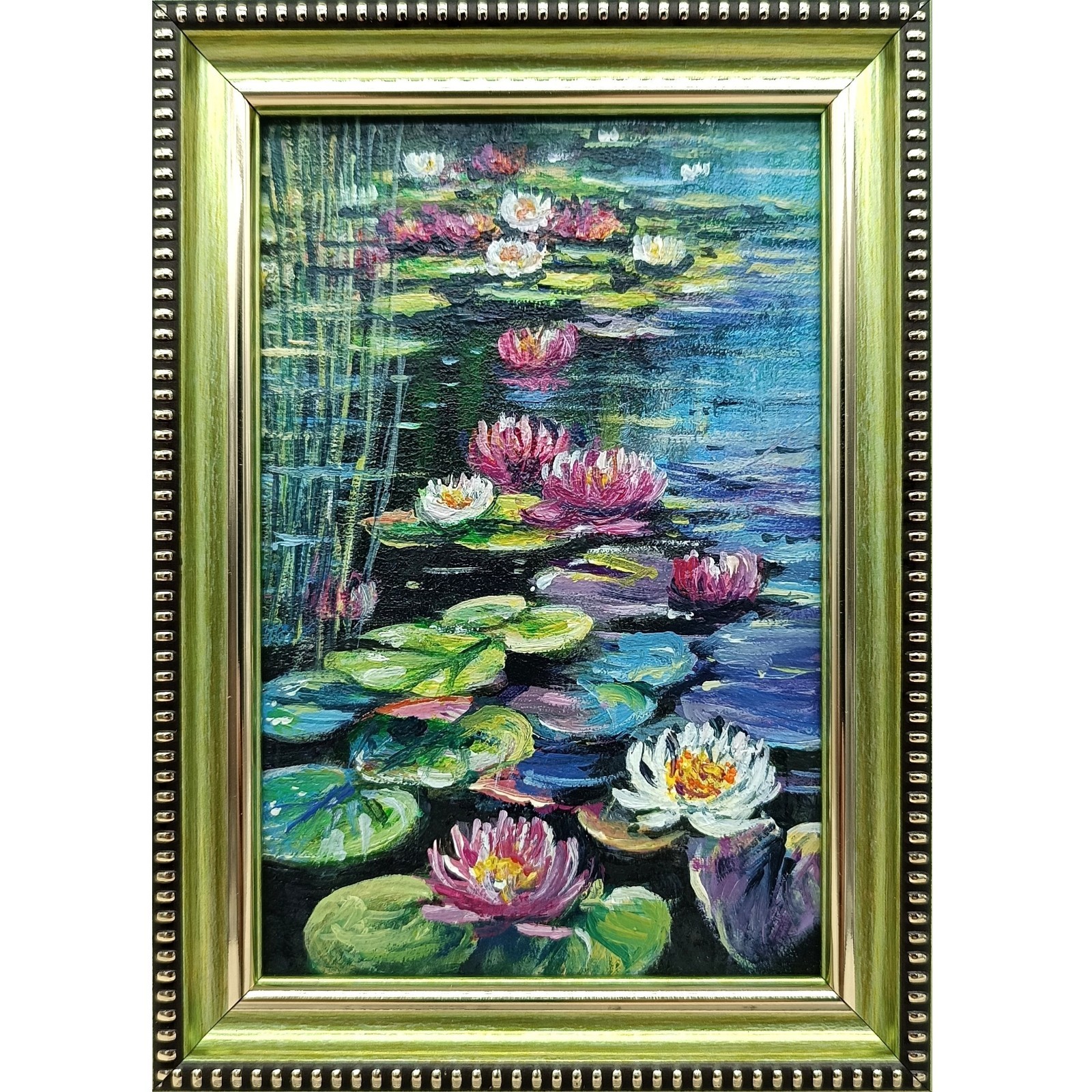 Water Lilies Original Oil Painting 6×4 Framed Signed Lotus Lake Landscape Art