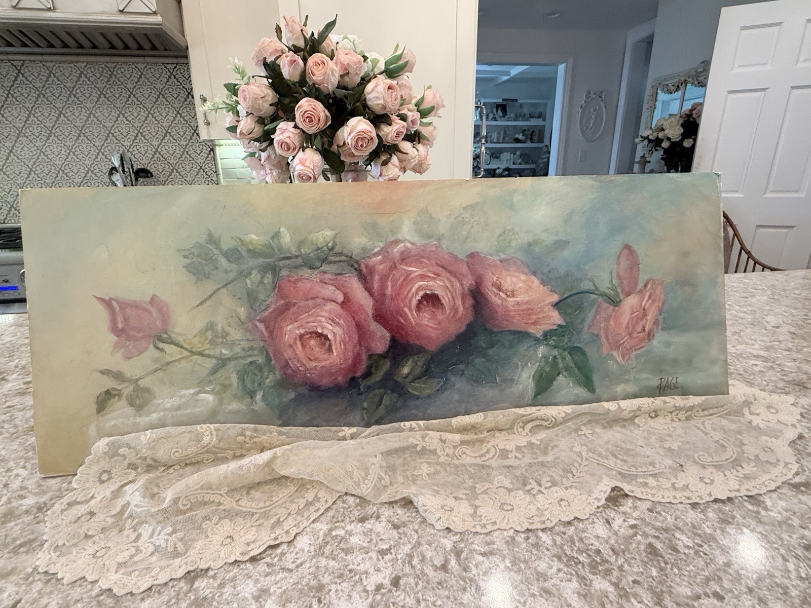 Antique Vtg Cabbage Rose Painting Oil On Board Yardlong Style Pink 11×30