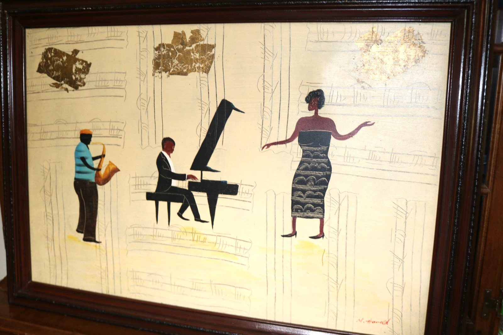 Original Signed M. Harold Jazz Themed Oil and Gold Leaf on Canvas Painting /Read