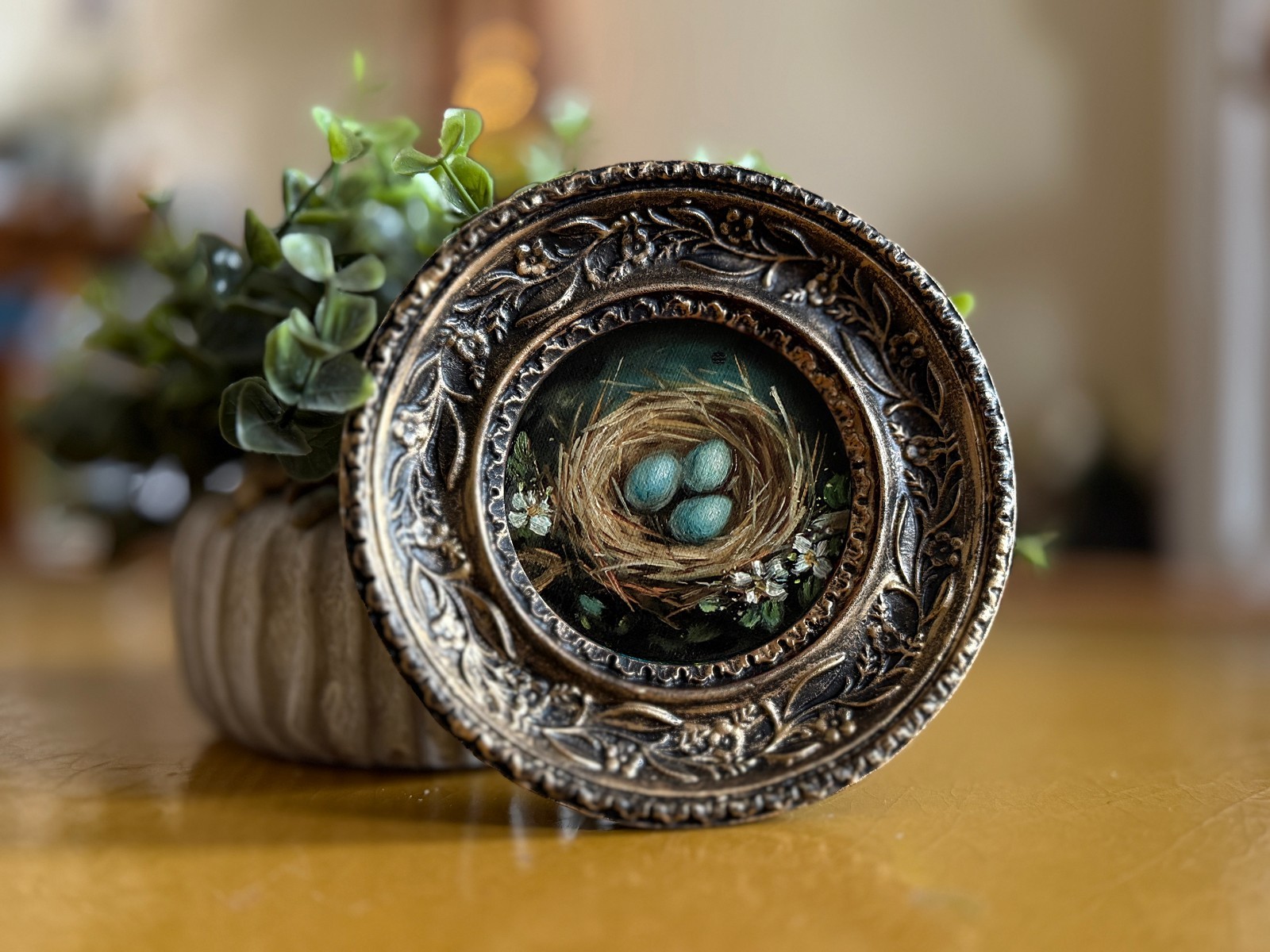 Original Oil Painting Miniature Gold Framed Bird Nest Hand Painted Art