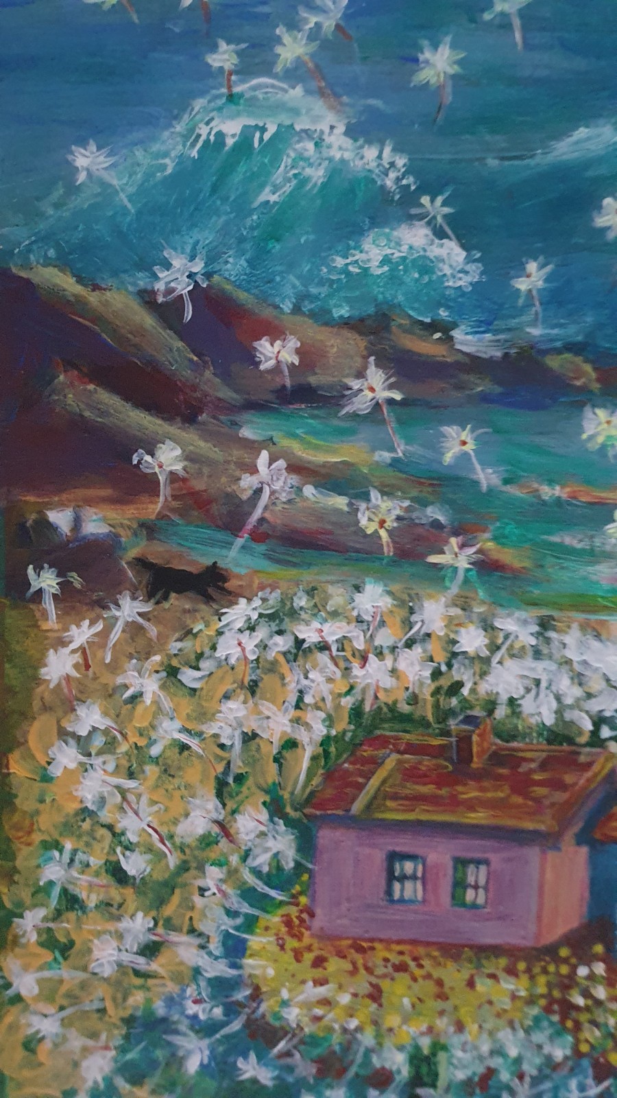 Three Dogs. Two Dandelions. surrealism in the picture,high quality acrylic paint