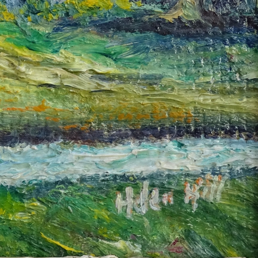 Vint Miniature Naive Landscape Oil Painting Farmhouse Barn Stream Signed 9.5×7.5