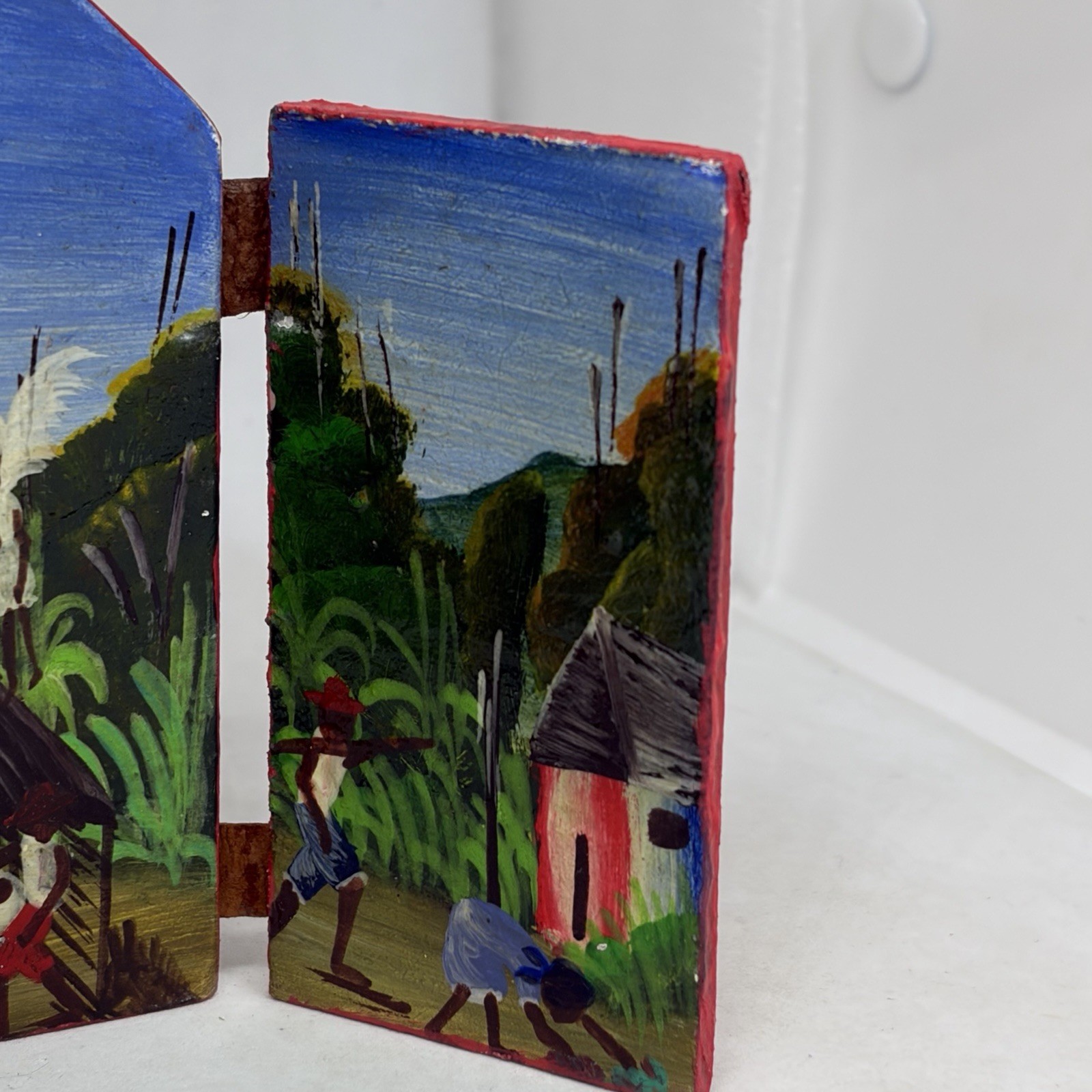 Vintage Haitian Folk Art Folding Wood Triptych Nativity Painting Signed R. NOLY