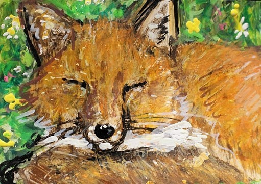 ORIGINAL ACEO Painting Red FOX Spring Flowers Landscape Animal Wild Nature ART