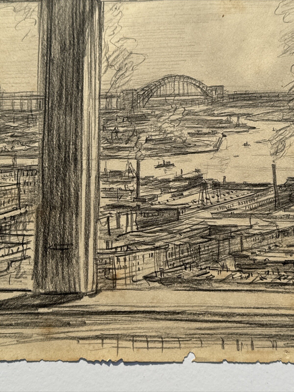 RICHARD LAHEY DRAWING WPA CITYSCAPE ROOFTOP VIEW NEW YORK NEW JERSEY ANTIQUE