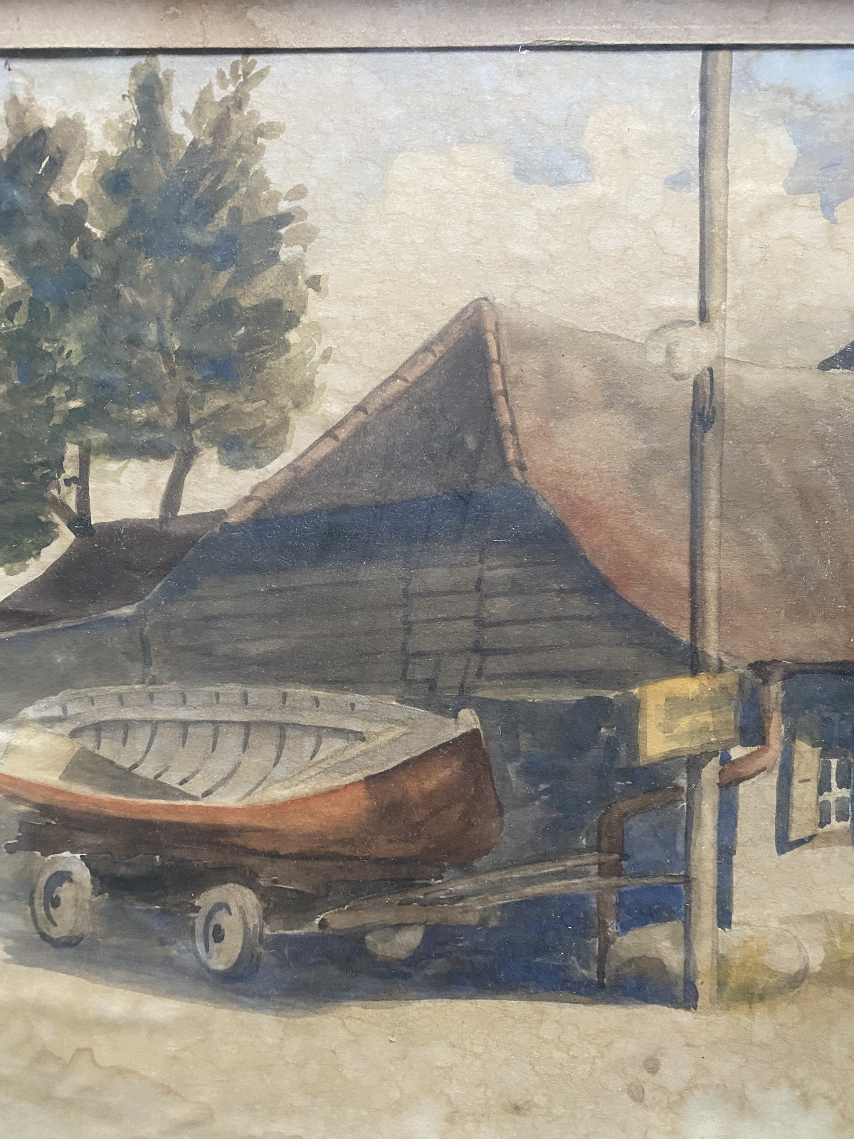 WATERCOLOR CIRCA 1930 BOAT ON TRAILER VILLAGE FARMHOUSE ANTIQUE SIGNED F.P BAUM