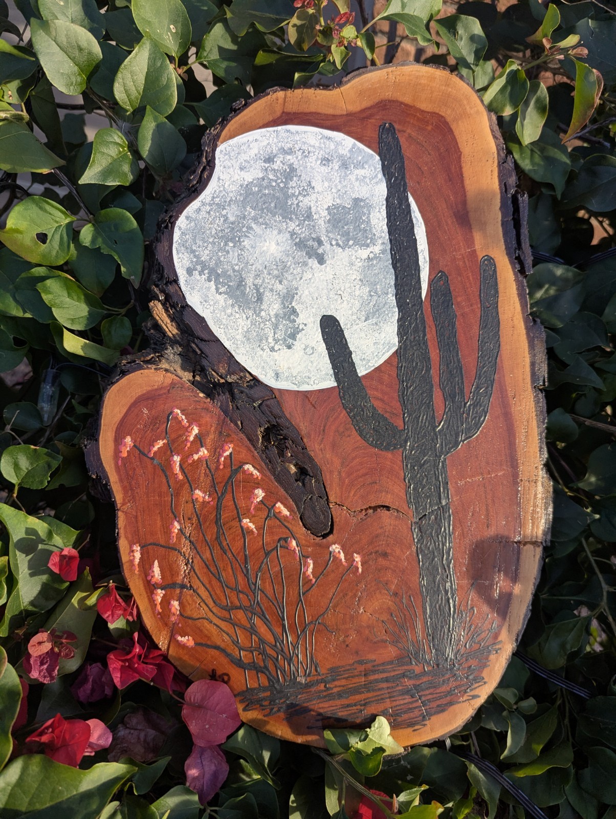 Original Southwest Desert Art Hand Painted on Live Edge Wood Slice Saguaro Moon
