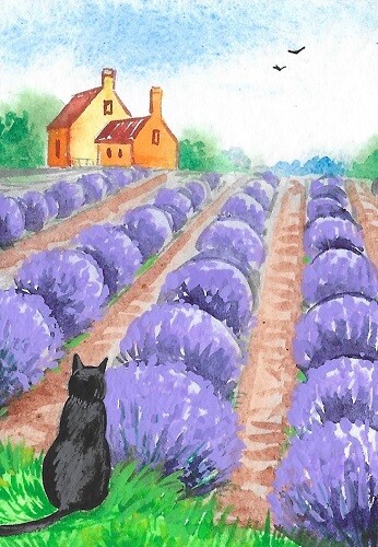 ACEO PRINT OF PAINTING RYTA LAVENDER FIELD BLACK CAT FARM Folk Art Flowers 🌸