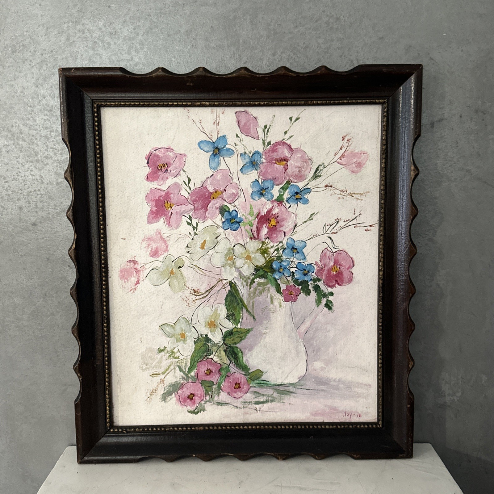 Vintage FRAMED ORIGINAL OIL Flower Vase Signed 16×14 SCALLOPED WOOD FRAME
