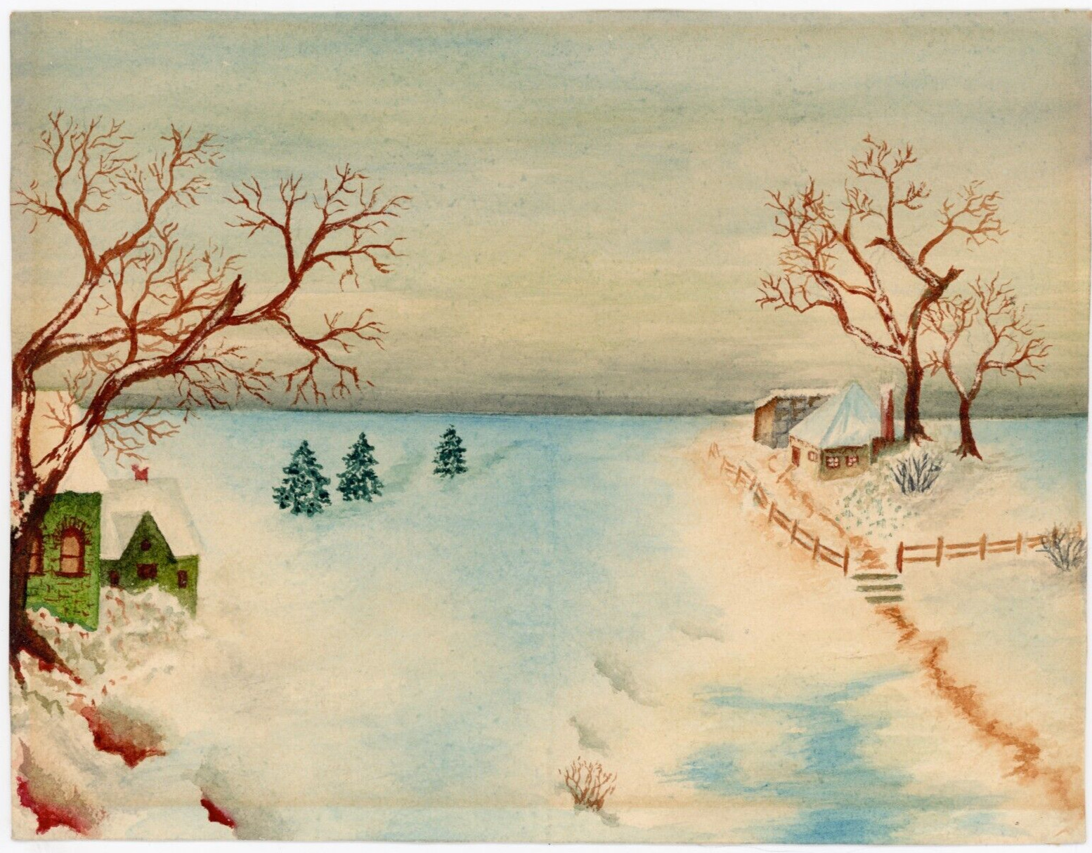 1903 Martha B Etchison Painting Winter Landscape Snowy Trees Green House Cottage