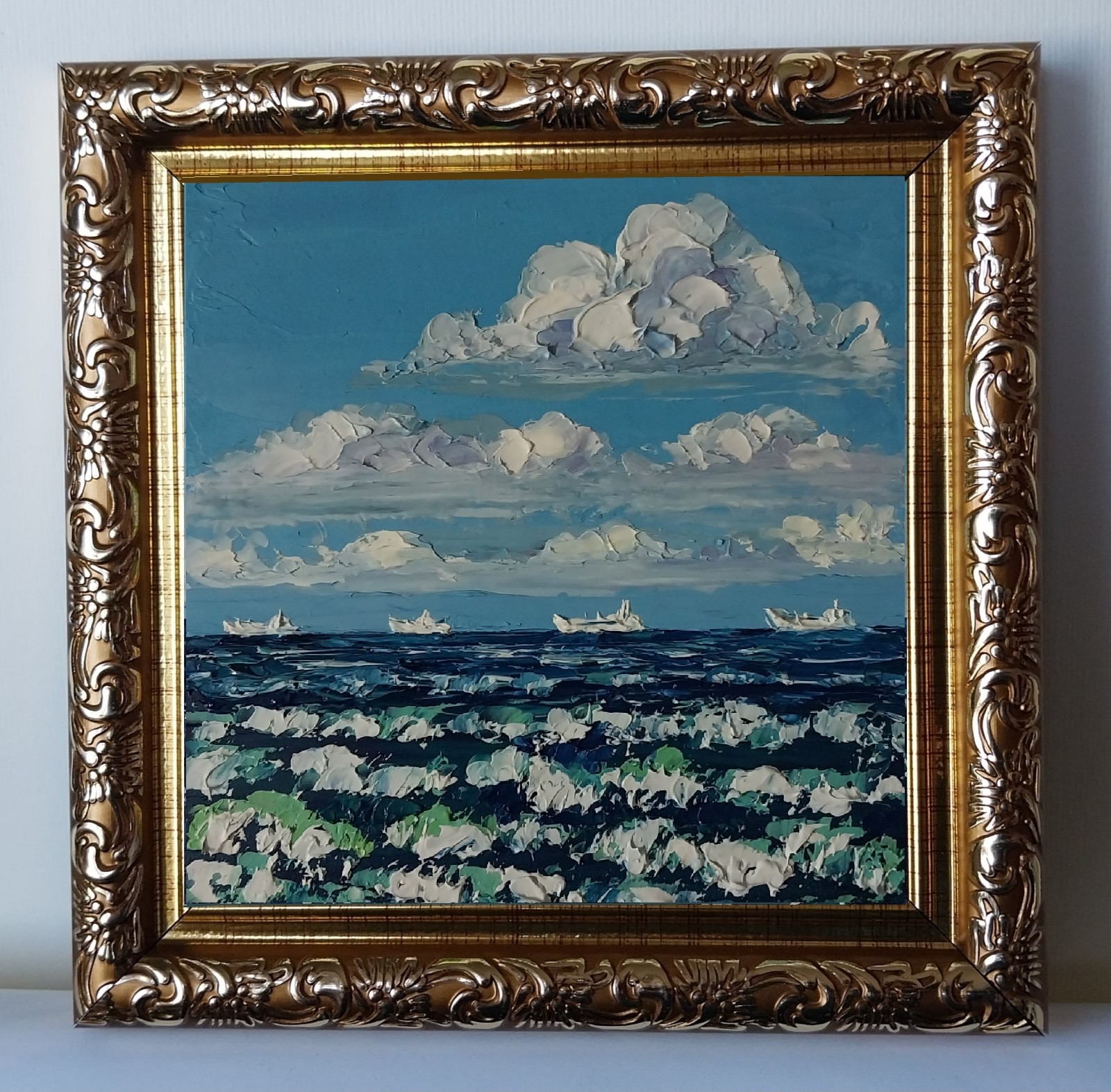 Framed Small Seascape Cloudy Sky Sea Waves Art 4×4 Impasto Oil Painting Original